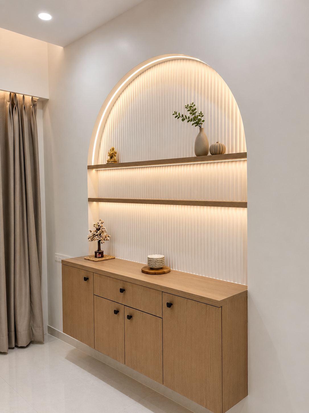 Arched display console with fluted panel, bespoke carpentry