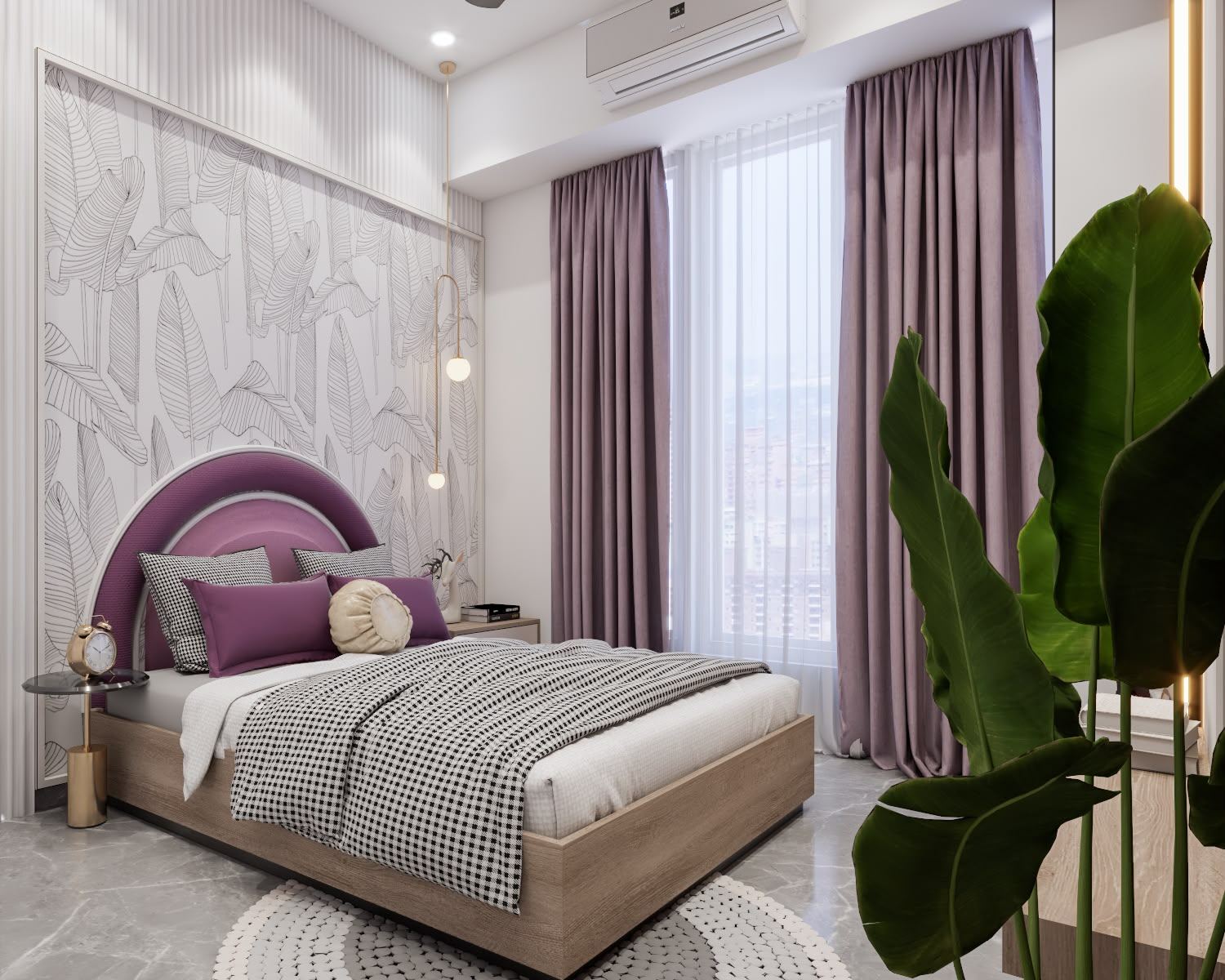Bedroom with orchid headboard and botanical styling, Mumbai