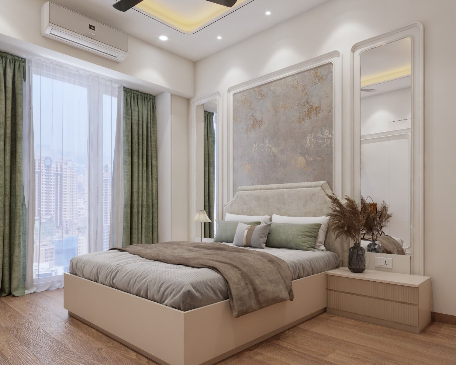 Bedroom in earthy tones with textured feature wall, Mumbai