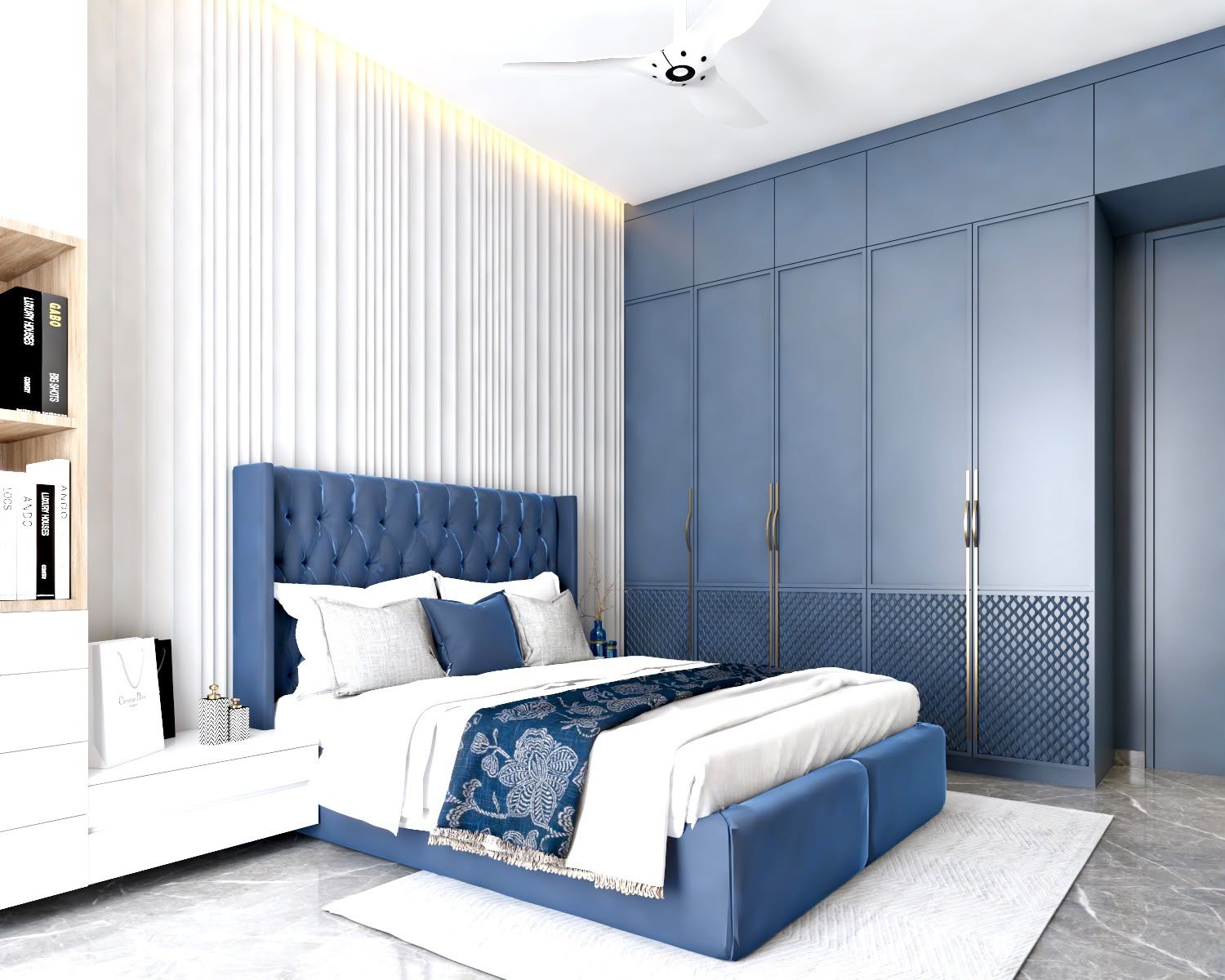 Bedroom with navy blue upholstered bed and matching wardrobes, Mumbai