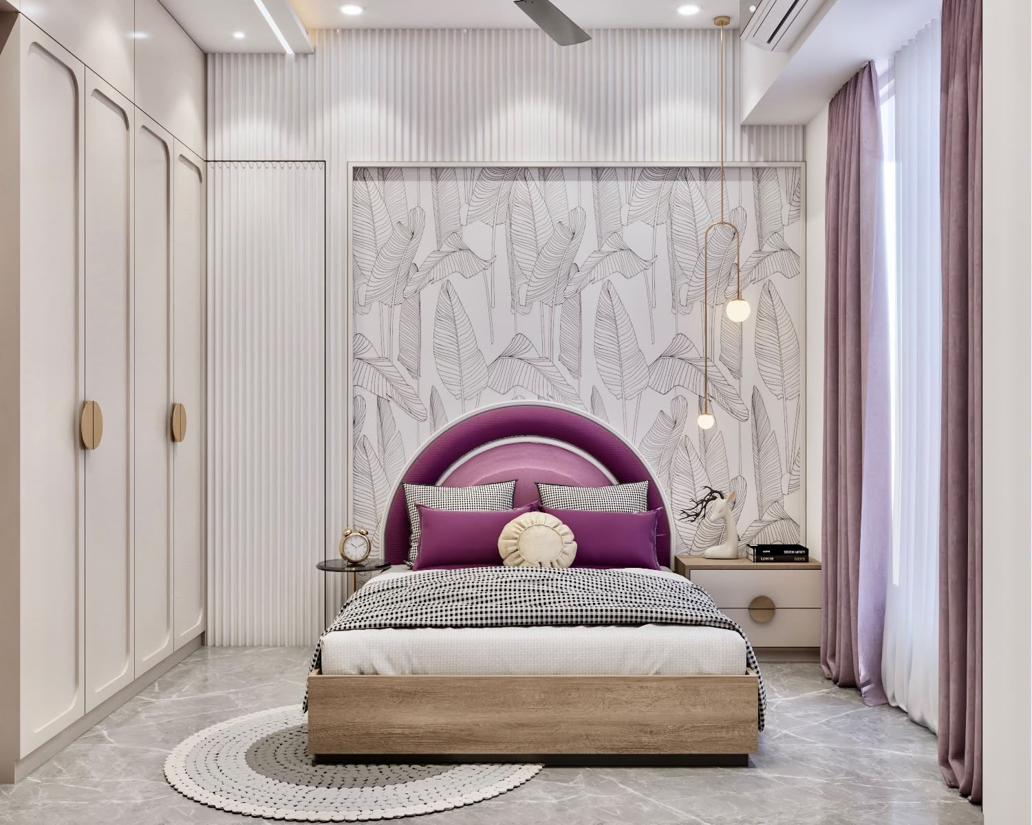Bedroom with plum upholstered headboard and textured wall panels