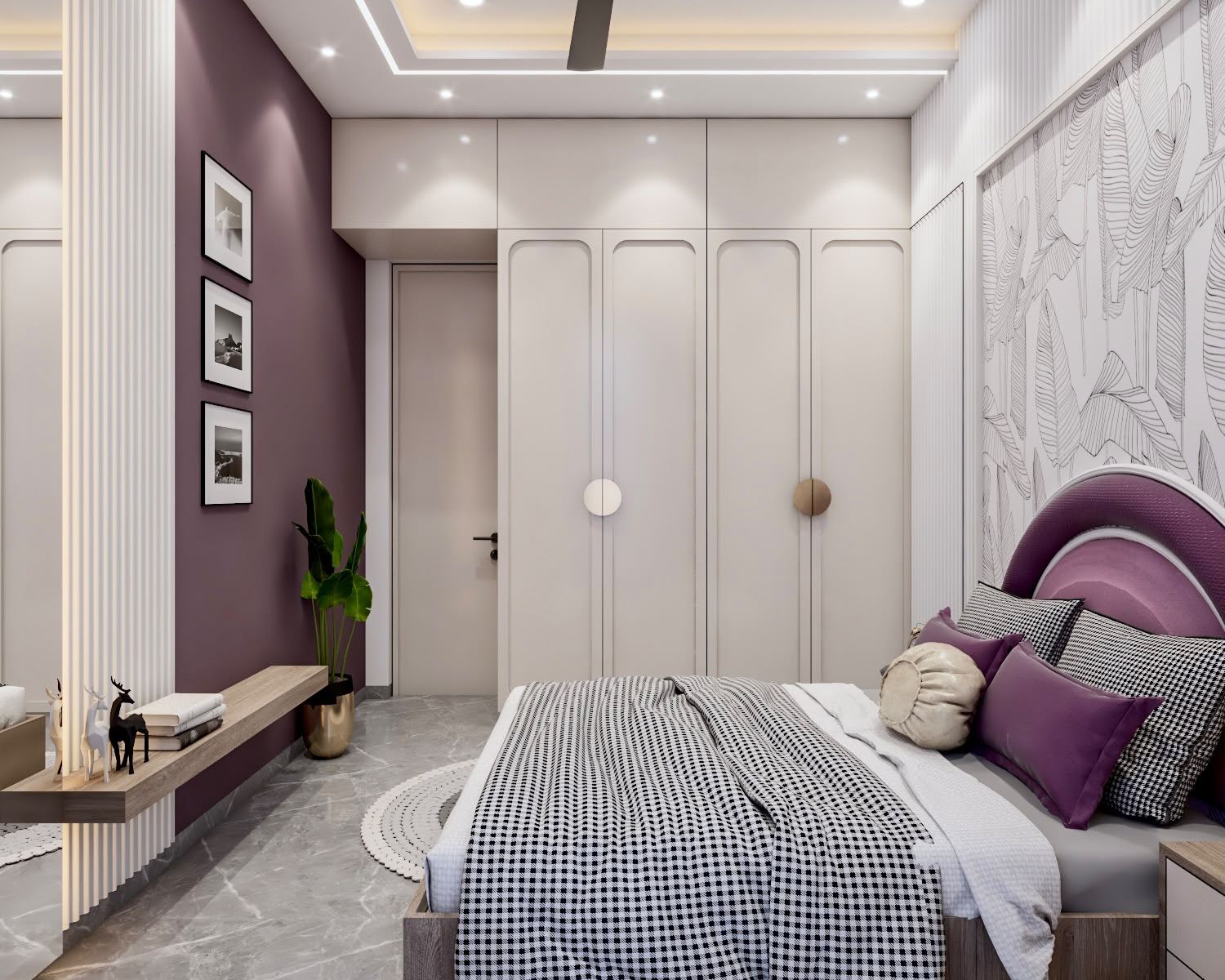 Bedroom with purple feature wall and cream fluted wardrobes