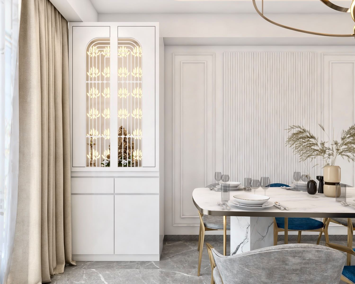 Dining area with white crockery display and marble table, Mumbai