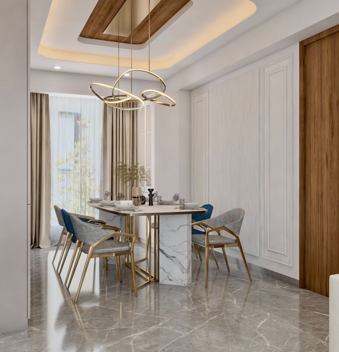 Dining room with gold ring chandelier and marble table, luxury interiors Mumbai