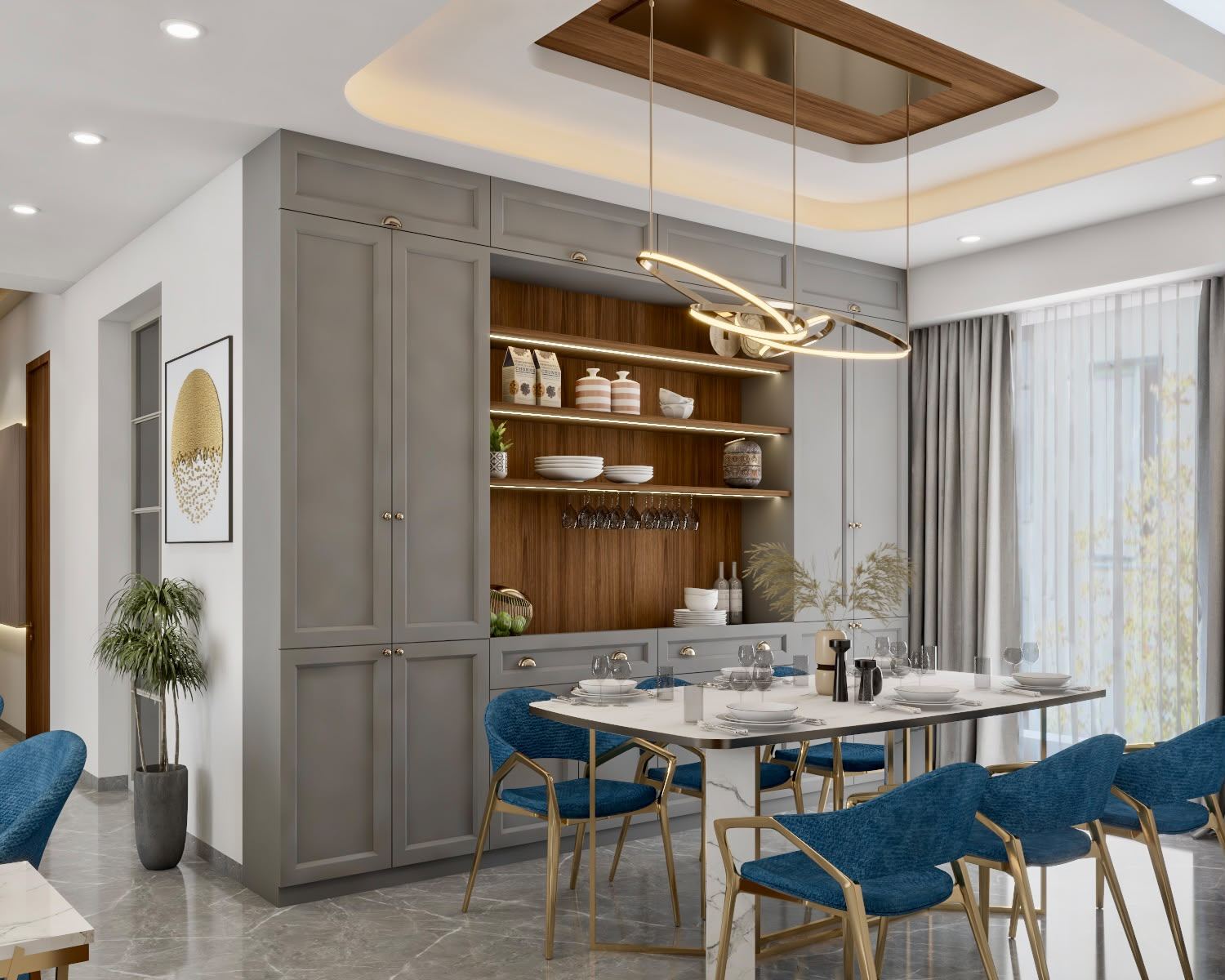 Dining room with crockery display unit and blue chairs