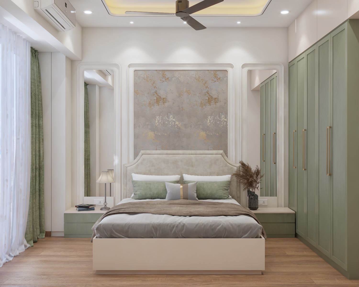 Guest bedroom in sage green tones, residential interior design Mumbai