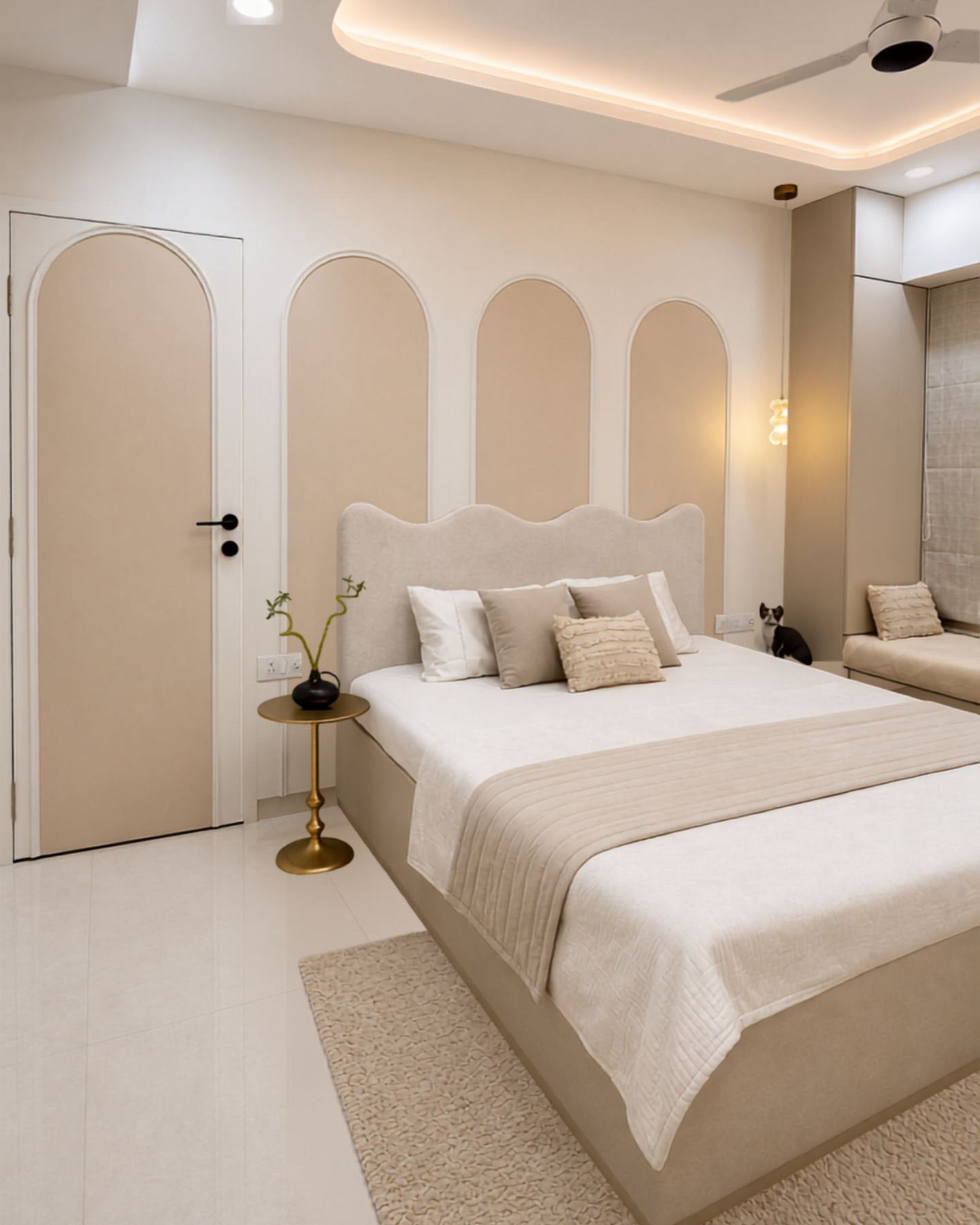 Ivory arched master bedroom interior design, Malad Mumbai