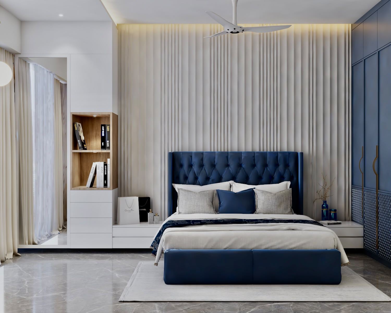Kids bedroom with blue upholstered bed and study, Mumbai interiors