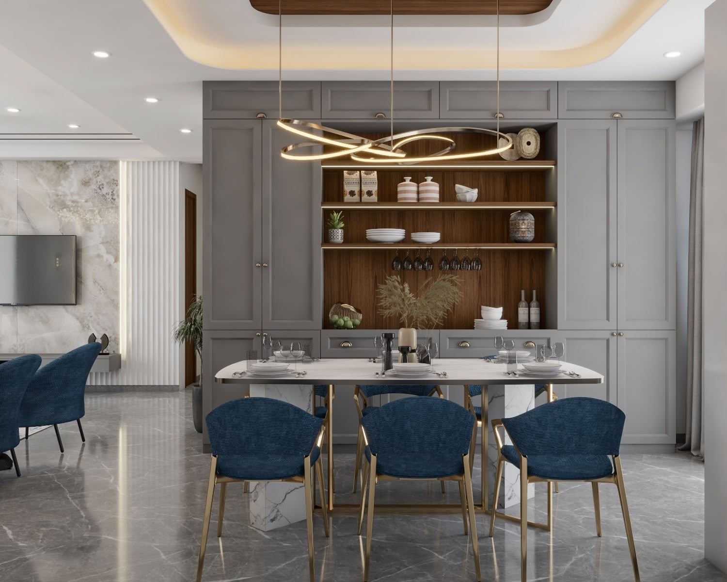 Living and dining room interior design with grey panelling, Malad