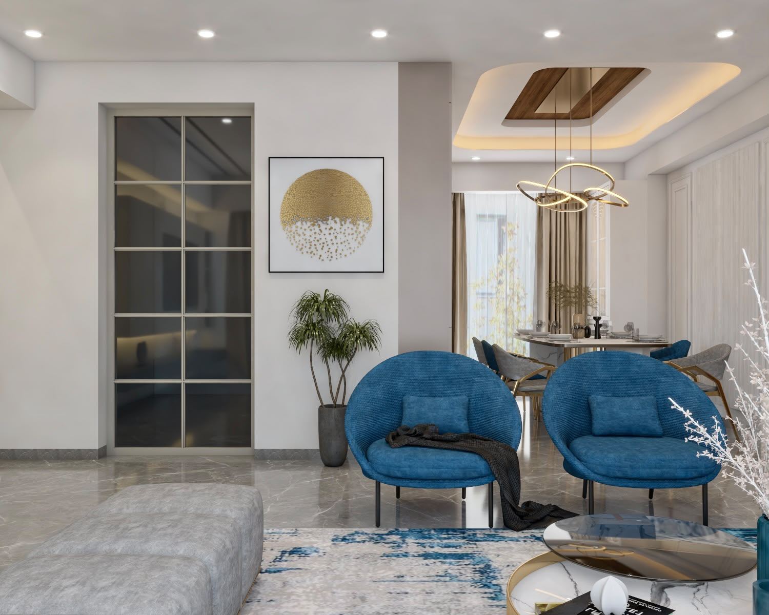 Lounge corner with blue accent chairs and glass partition, Mumbai