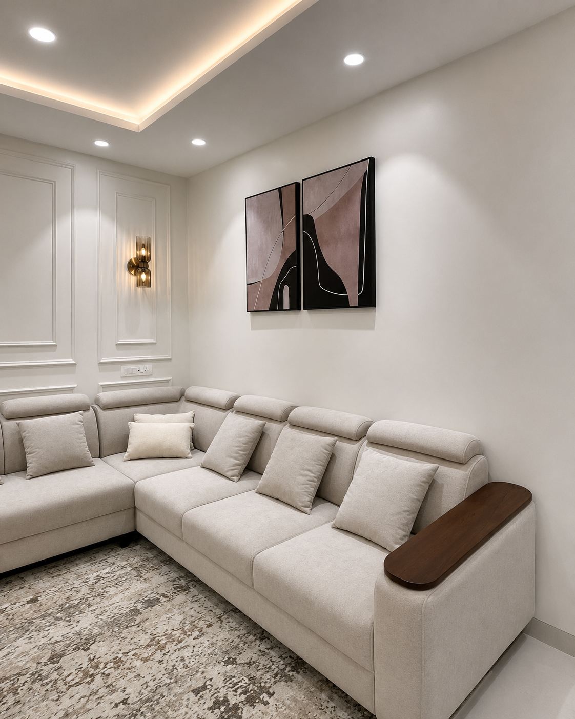 Ivory sofa corner with wall art, living room interior Mumbai