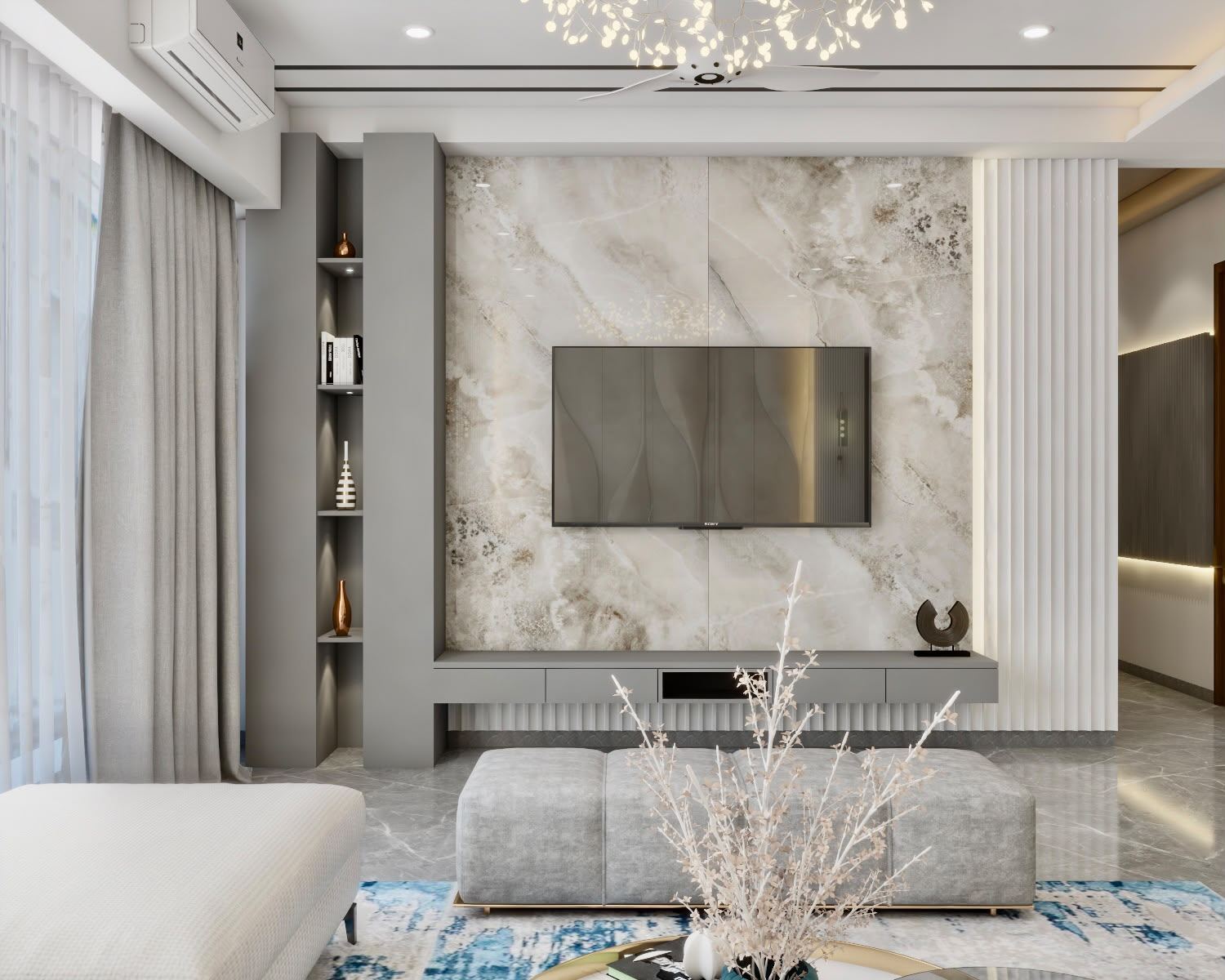 Luxury living room with marble TV unit and fluted panelling, interior design Mumbai