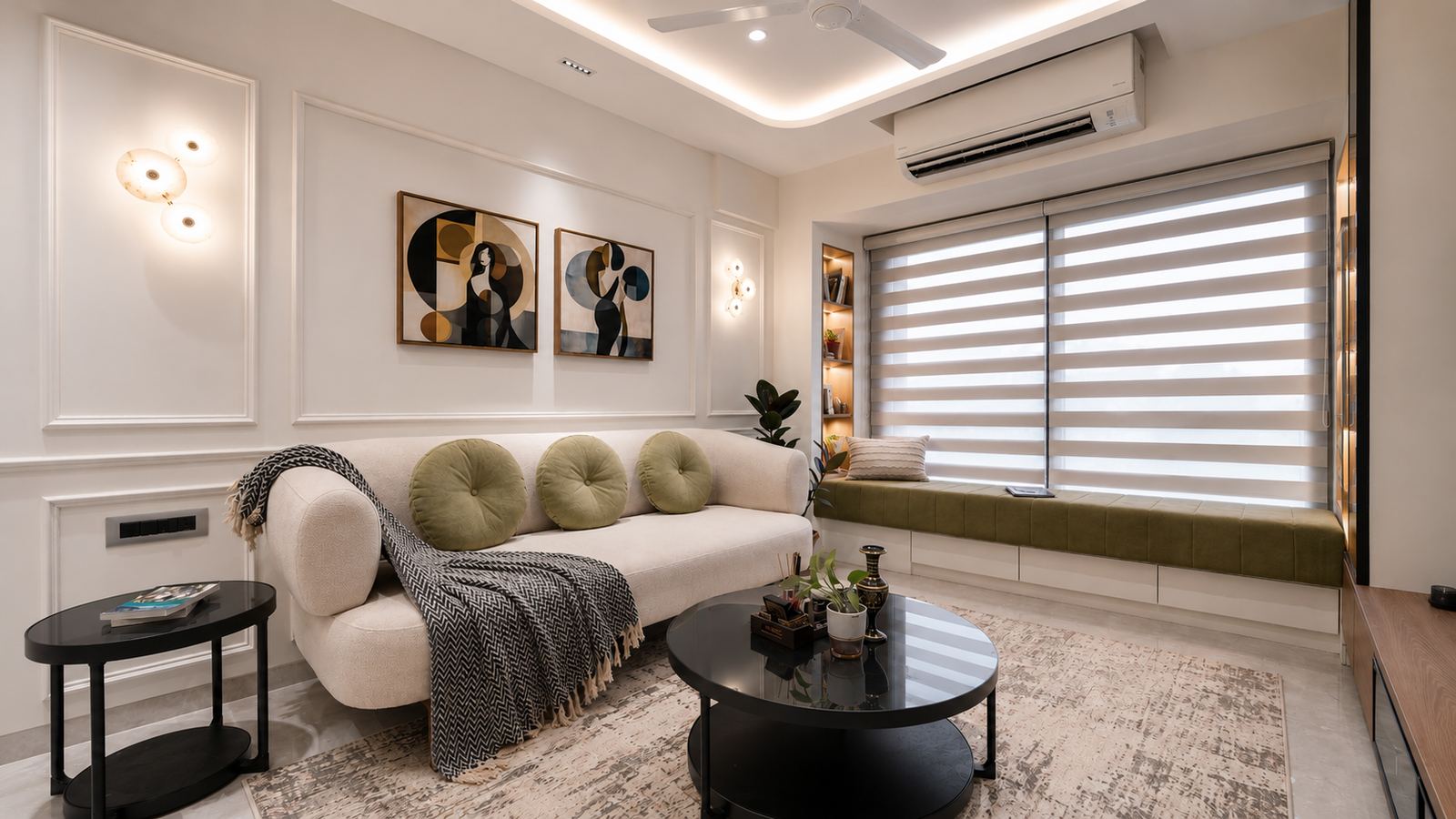 Living room with sage green sofa and wainscoting panels, Mumbai interiors