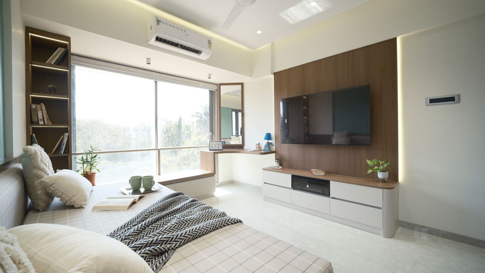 Living room TV unit with cosy window seat, residential interiors Mumbai