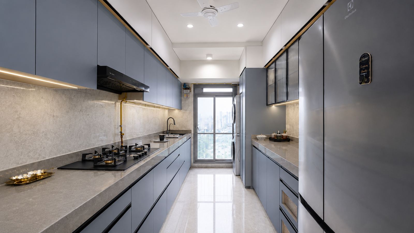 Parallel modular kitchen design with slate blue cabinets, Mumbai