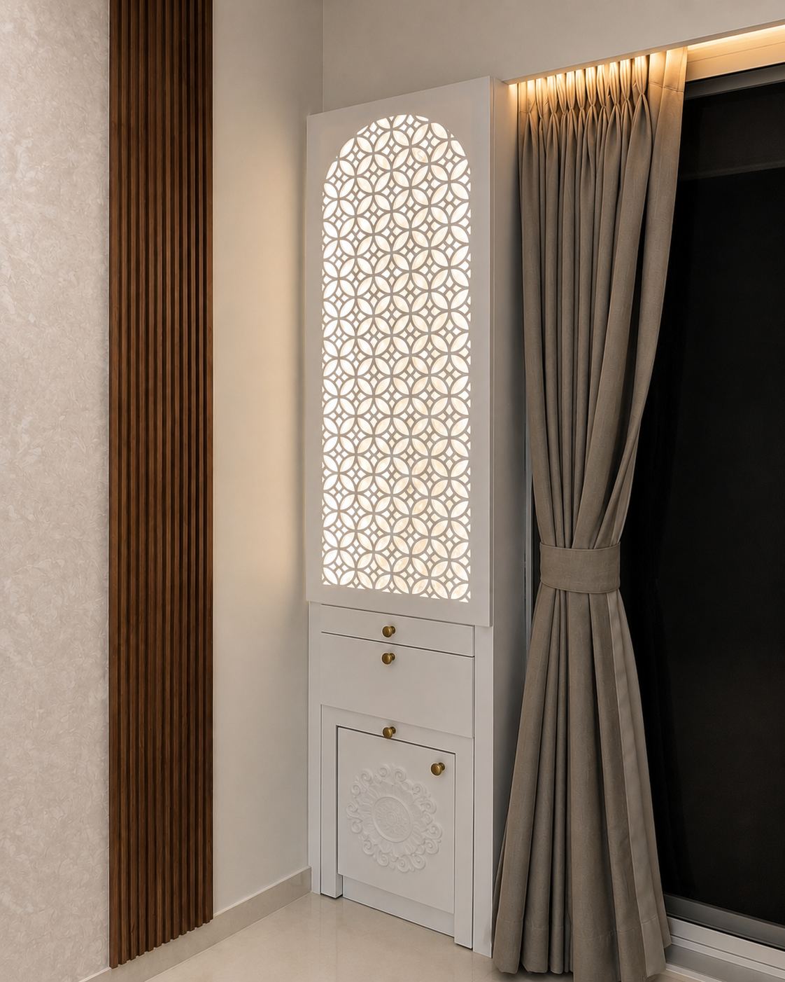 Pooja unit with carved jaali door, bespoke joinery Mumbai