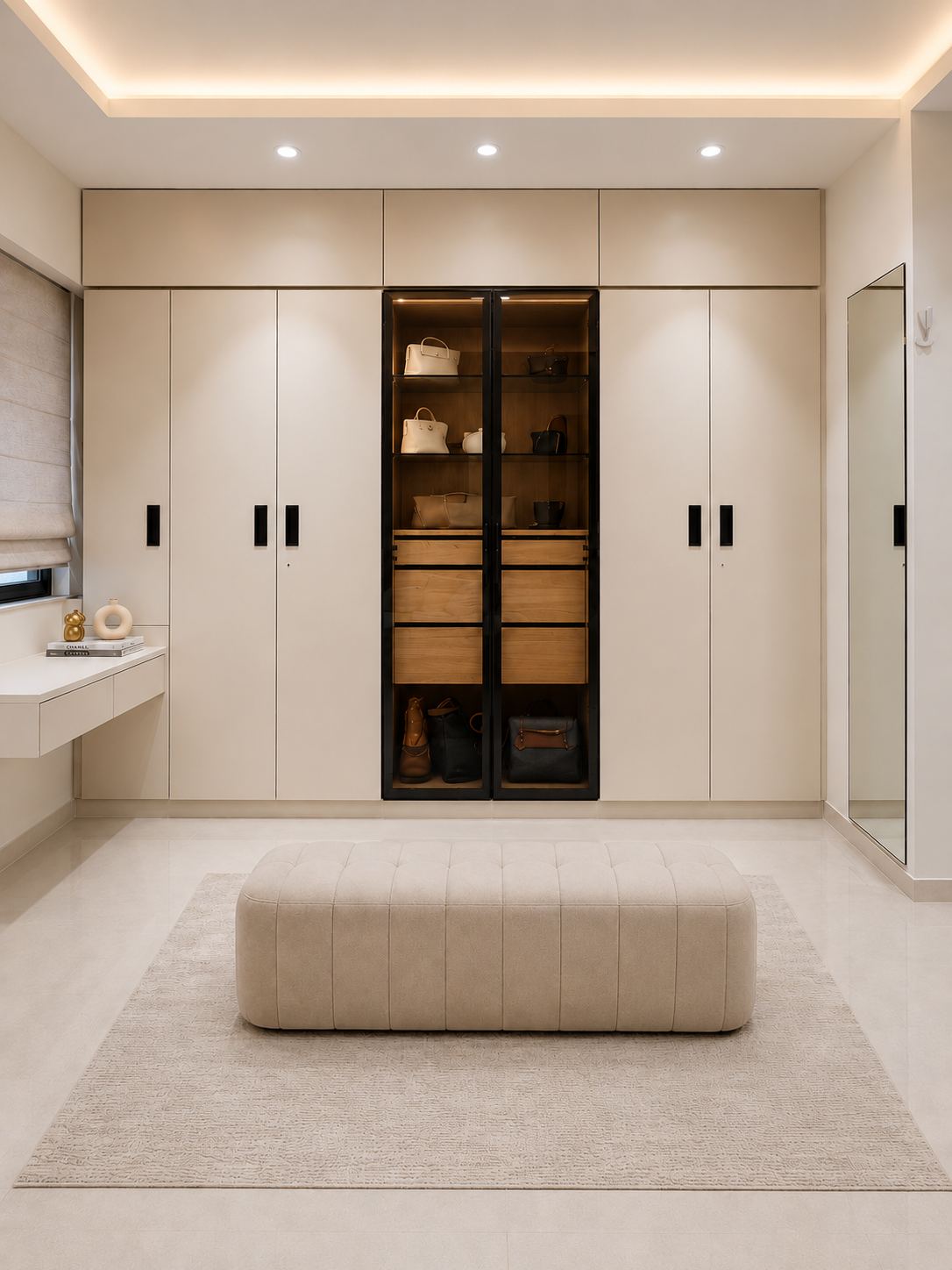 Walk-in wardrobe and dressing room design with glass display, Mumbai