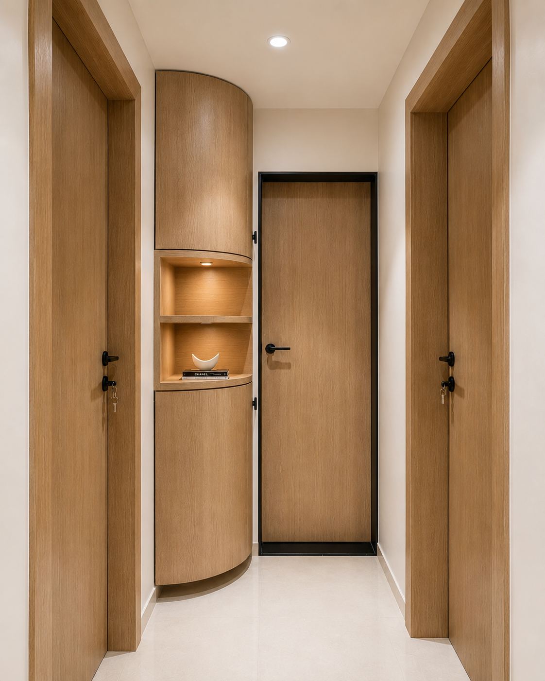 Wood panelled passage with curved storage, interior design detail